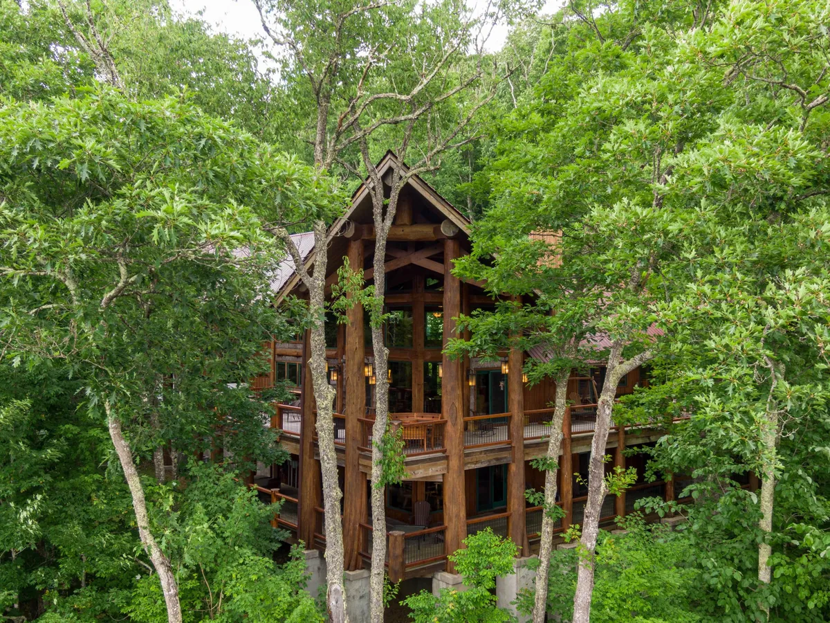 This image shows the wooden structure of the house nestled among tall trees, with a spacious deck area visible. The surrounding forest creates a tranquil, natural setting, suggesting easy access to outdoor adventures and plenty of open space for pets and families to explore.