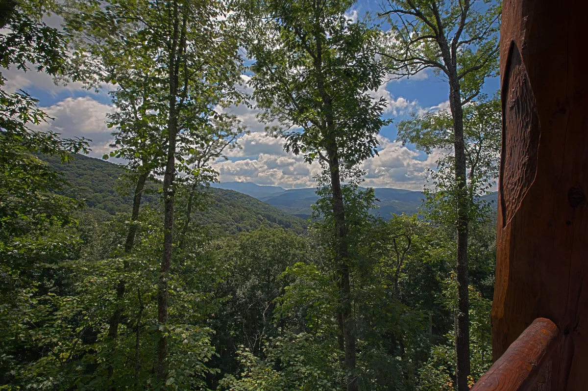 A panoramic mountain view with lush green foliage and a cloudy sky, capturing the expansive natural beauty surrounding the lodge. The scene suggests tranquility and opportunity for outdoor exploration, with hints of hiking or unwinding on a balcony.
