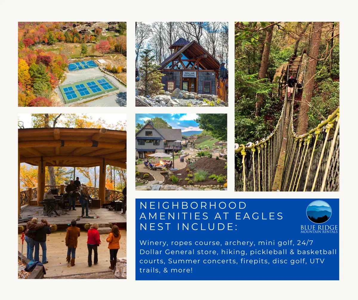 A lively snapshot of the Eagles Nest community amenities, featuring a ropes course, mini golf, an outdoor concert stage, and hiking trails. The image conveys an active, social mood with people enjoying a variety of outdoor activities against a mountain backdrop.